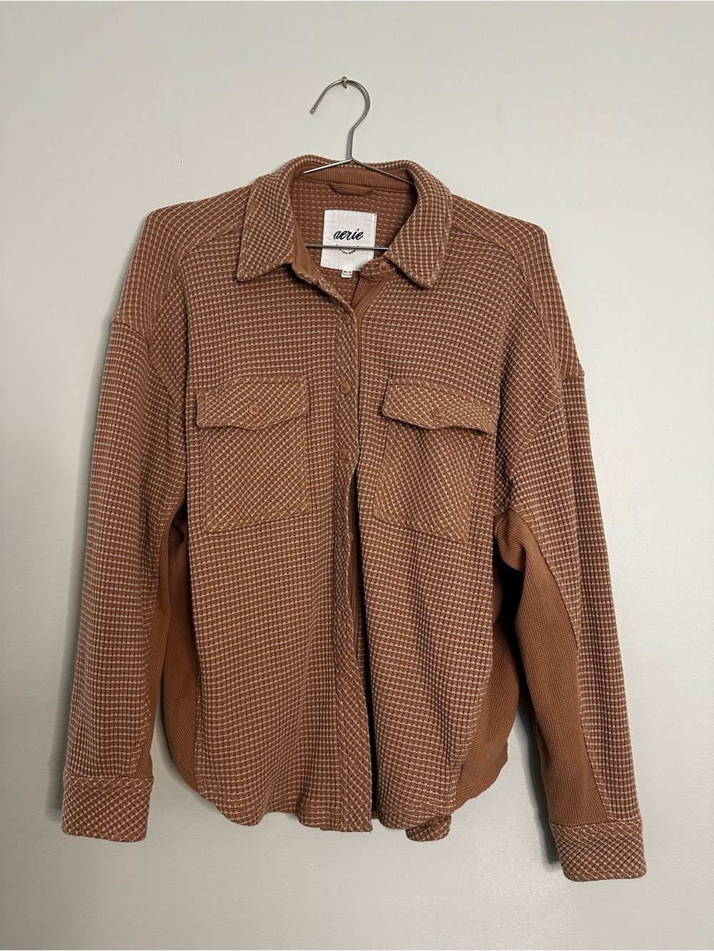 Aerie Oversized Waffle Thermal Button Down Shirt Brown XS